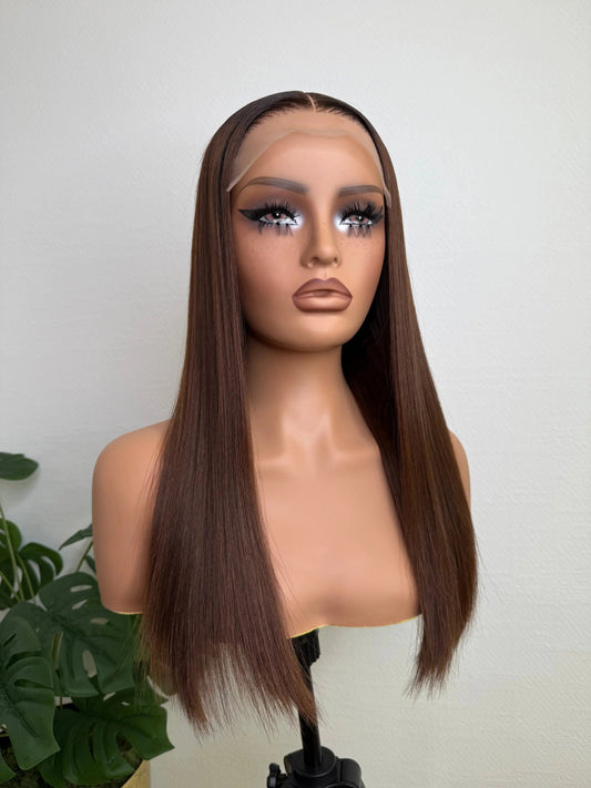 Straight brown glueless human hair wig on mannequin, HD lace, Tishwigs luxury wig display